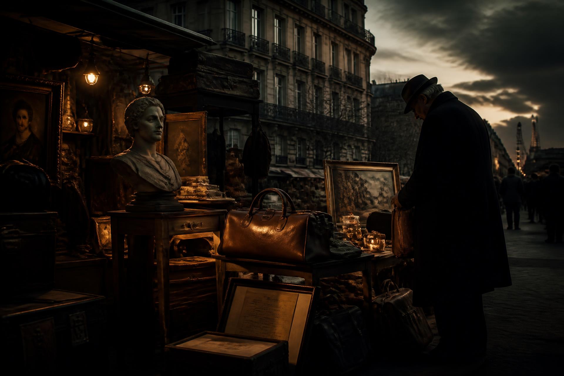 Marché aux puces parisien au crépuscule